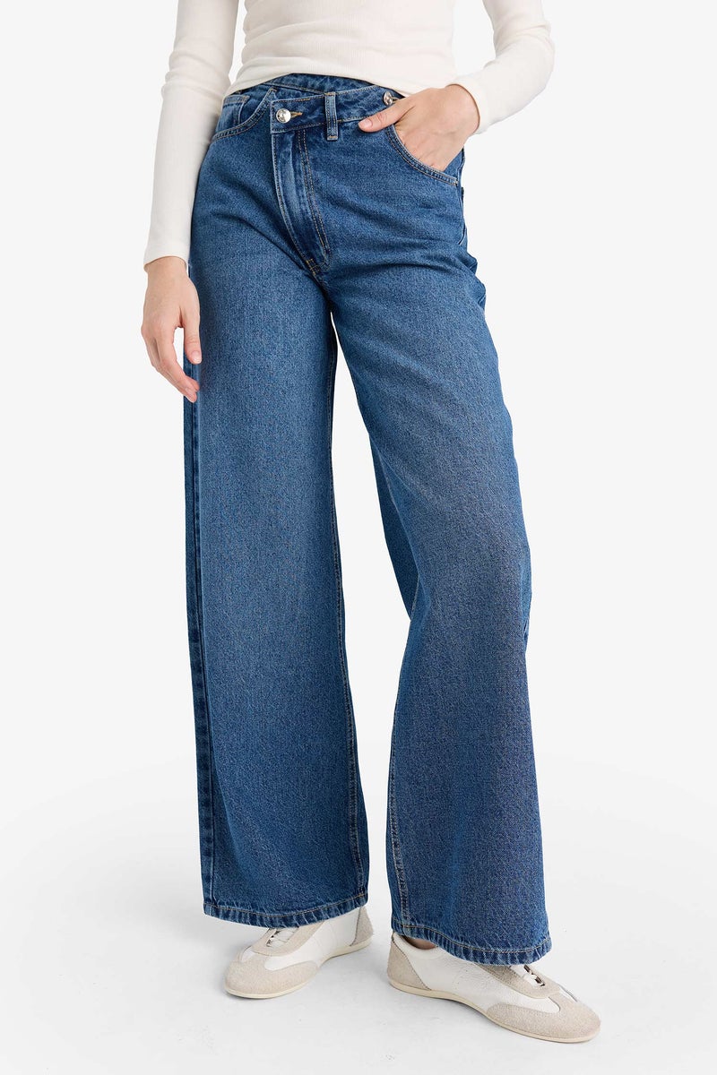 DeFacto Blue Woman Wide Leg High Waist Straight Leg Long Jeans Casual - Image 4